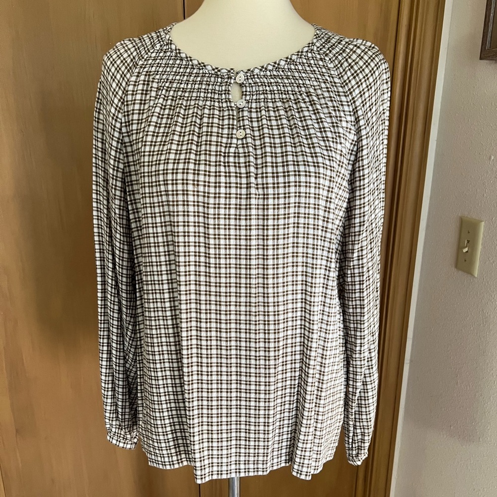 JJill small smocked neck plaid blouse, EUC